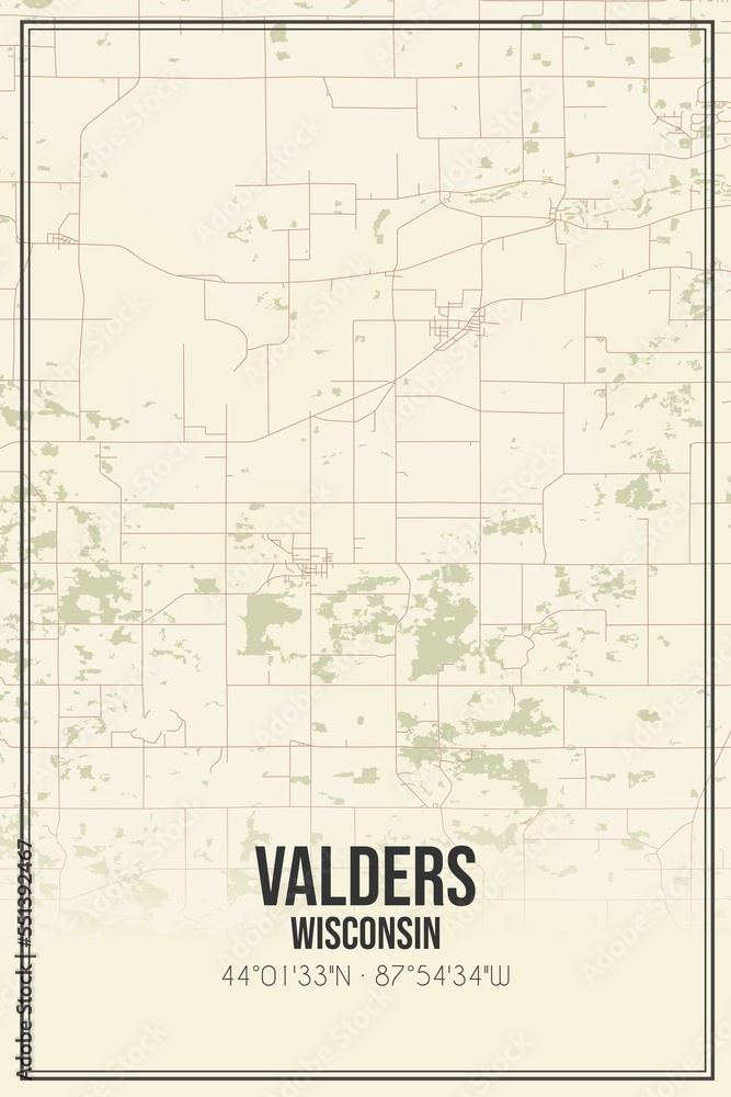 Retro US city map of Valders, Wisconsin. Vintage street map.