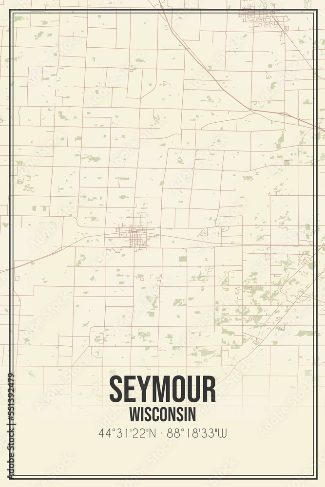 Retro US city map of Seymour, Wisconsin. Vintage street map.