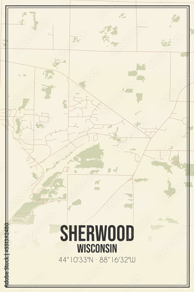 Retro US city map of Sherwood, Wisconsin. Vintage street map.