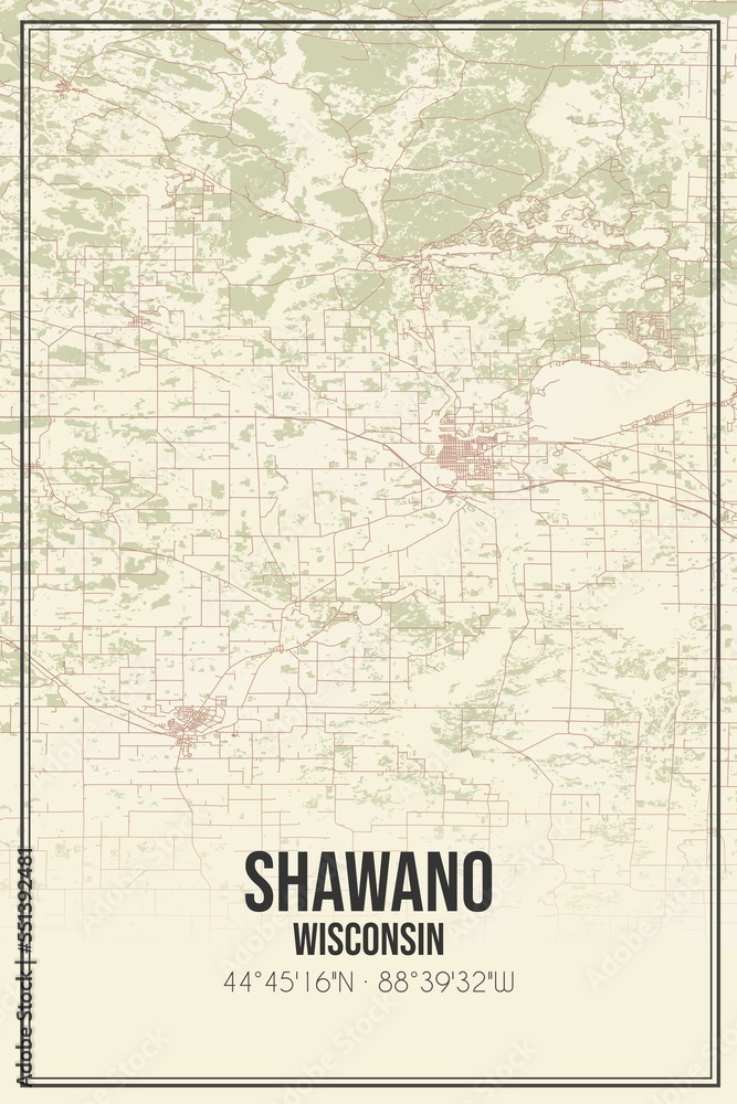Retro US city map of Shawano, Wisconsin. Vintage street map.