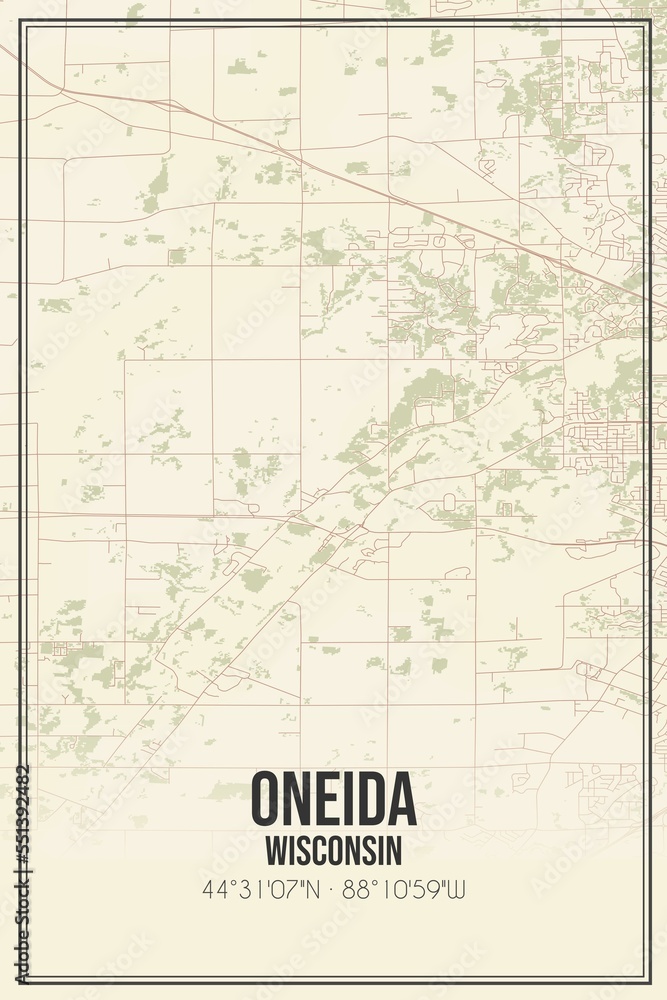 Retro US city map of Oneida, Wisconsin. Vintage street map.