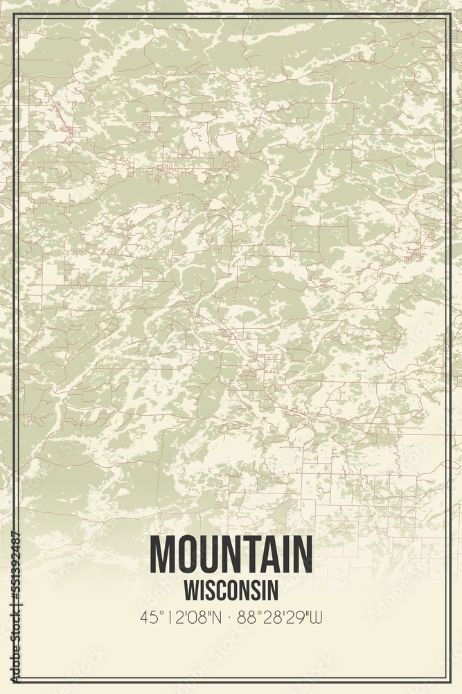 Fototapeta premium Retro US city map of Mountain, Wisconsin. Vintage street map.