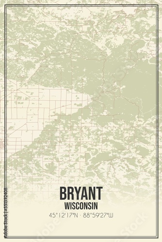 Retro US city map of Bryant, Wisconsin. Vintage street map. photo