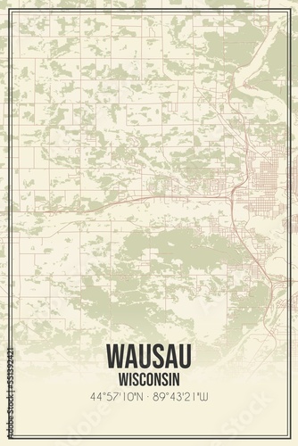 Retro US city map of Wausau, Wisconsin. Vintage street map. photo