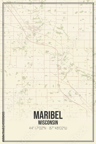 Retro US city map of Maribel, Wisconsin. Vintage street map.
