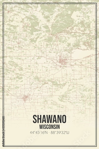 Retro US city map of Shawano, Wisconsin. Vintage street map. photo