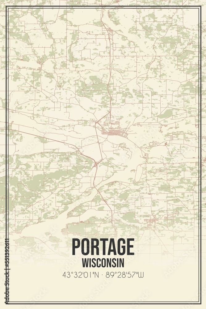 Retro US city map of Portage, Wisconsin. Vintage street map.