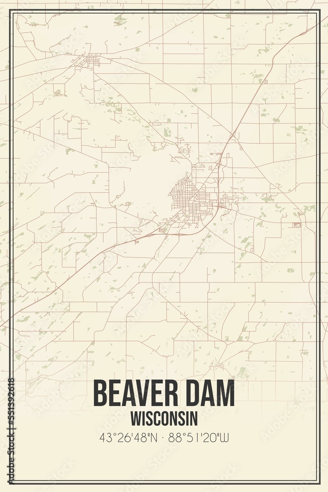Retro US city map of Beaver Dam, Wisconsin. Vintage street map.