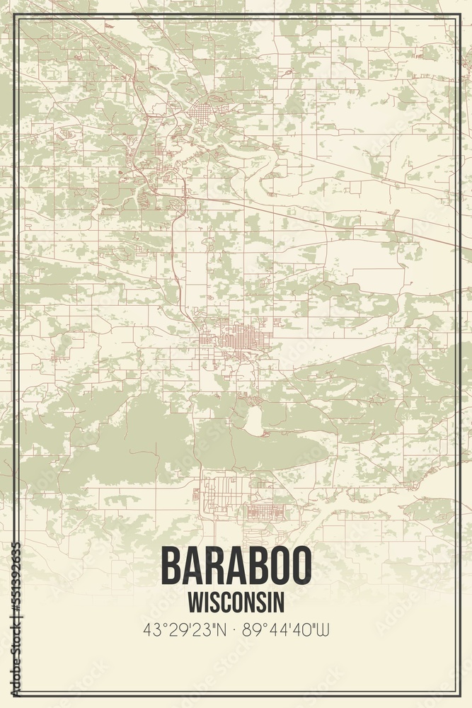 Retro US city map of Baraboo, Wisconsin. Vintage street map.