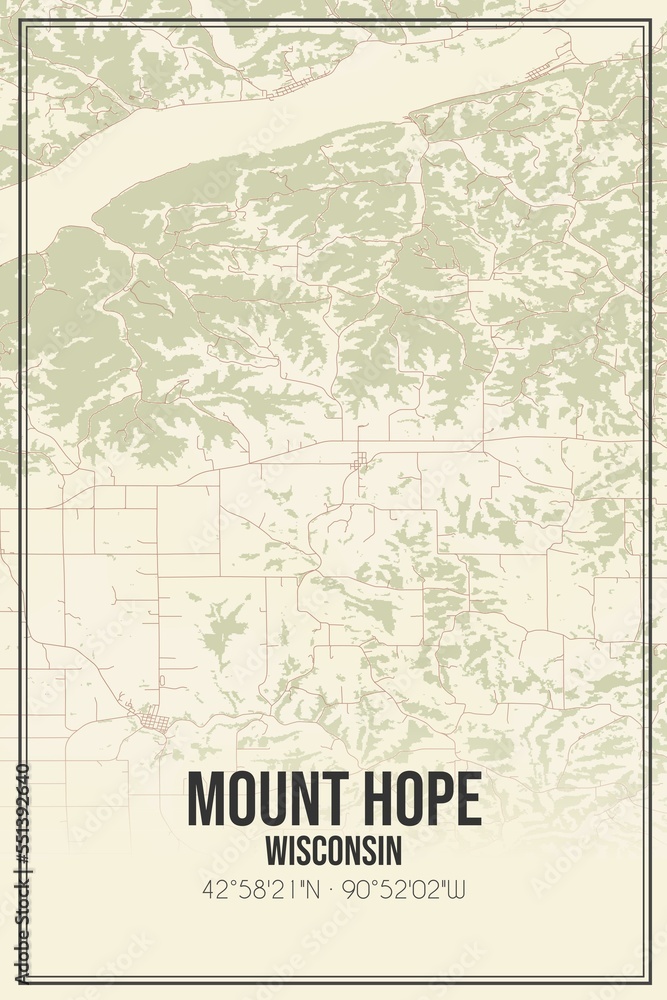 Retro US city map of Mount Hope, Wisconsin. Vintage street map.