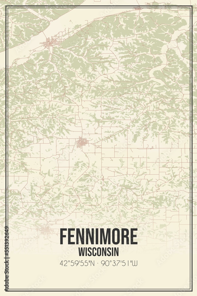 Retro US city map of Fennimore, Wisconsin. Vintage street map.