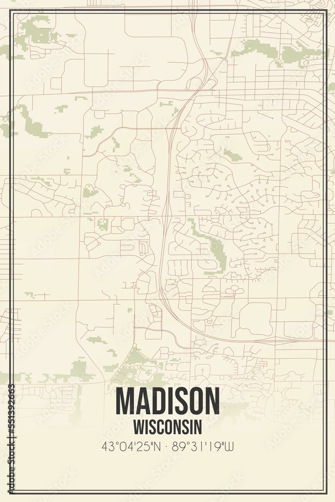 Retro US city map of Madison, Wisconsin. Vintage street map.