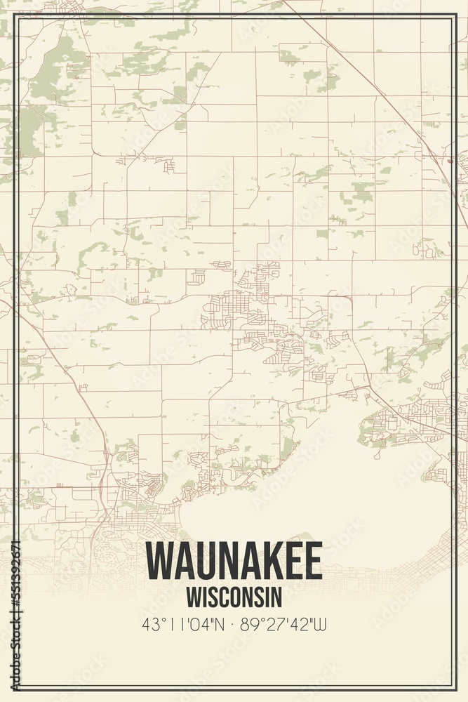 Retro US city map of Waunakee, Wisconsin. Vintage street map.