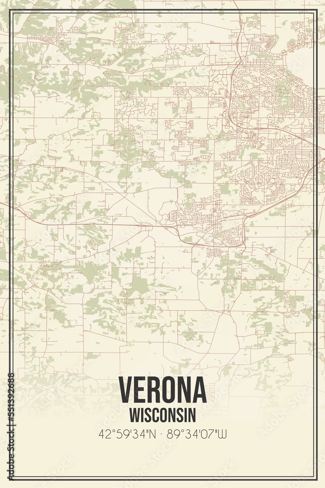 Retro US city map of Verona, Wisconsin. Vintage street map.