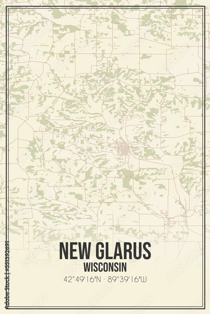 Retro US city map of New Glarus, Wisconsin. Vintage street map.