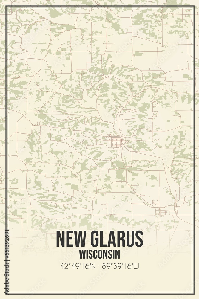 Fototapeta premium Retro US city map of New Glarus, Wisconsin. Vintage street map.