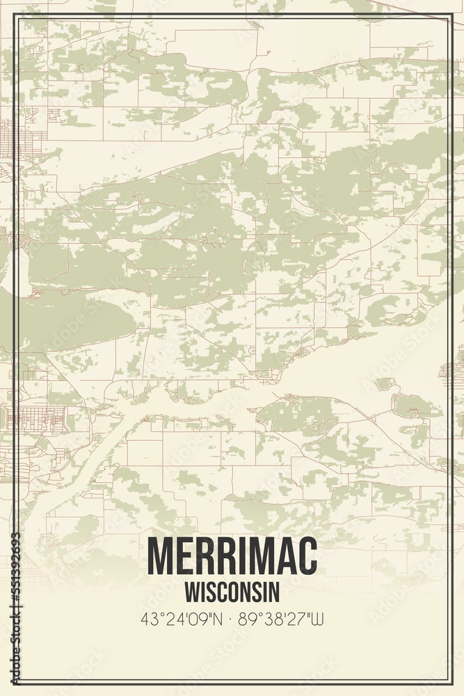 Retro US city map of Merrimac, Wisconsin. Vintage street map.
