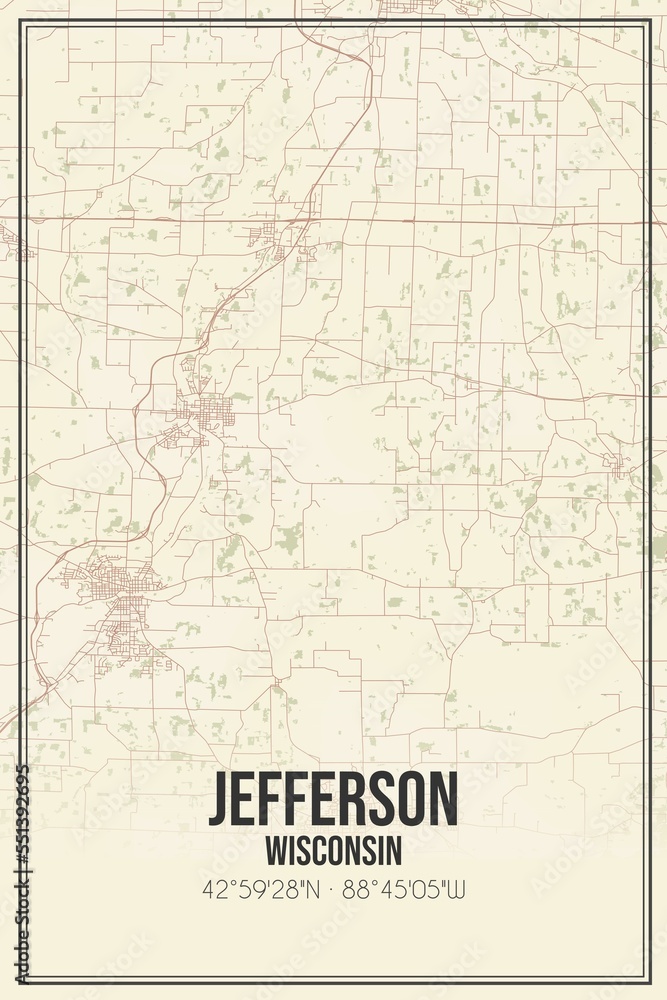 Retro US city map of Jefferson, Wisconsin. Vintage street map.