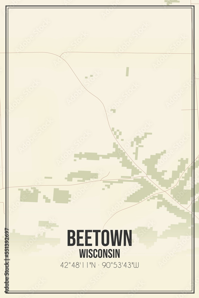 Retro US city map of Beetown, Wisconsin. Vintage street map.