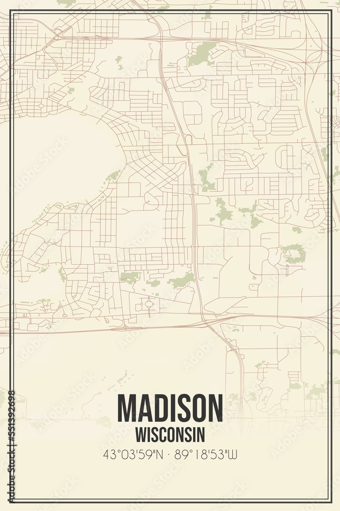 Fototapeta premium Retro US city map of Madison, Wisconsin. Vintage street map.