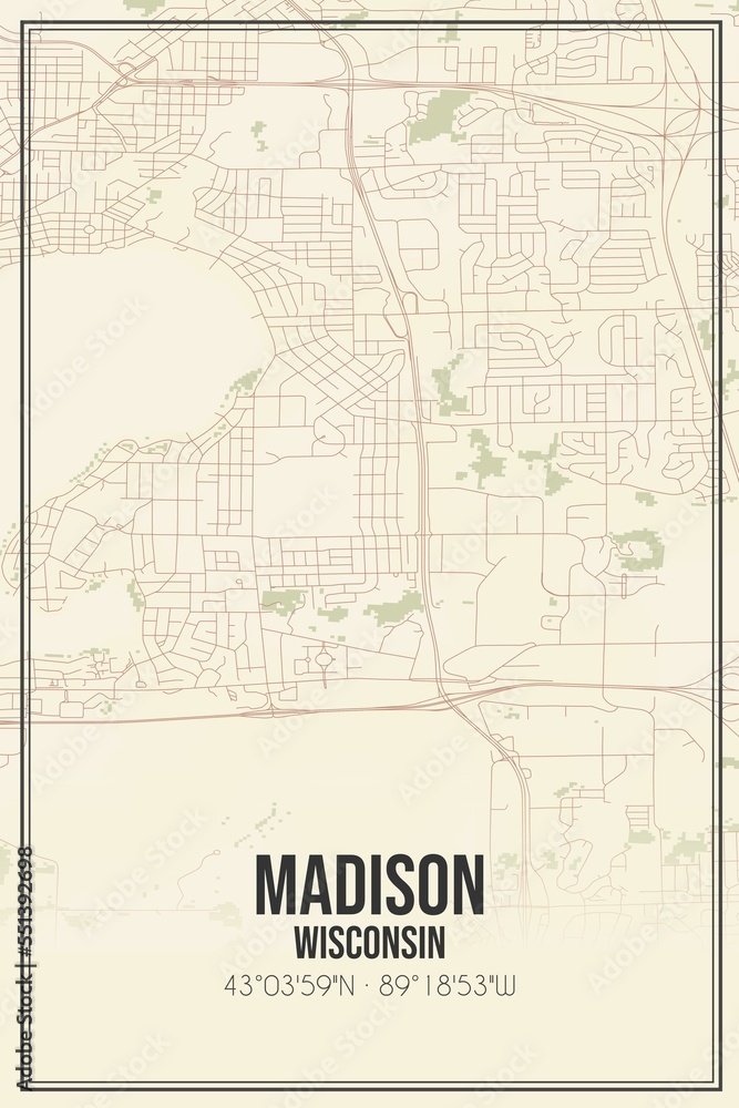 Retro US city map of Madison, Wisconsin. Vintage street map.