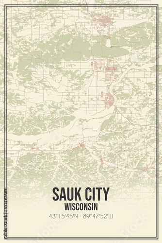 Retro US city map of Sauk City  Wisconsin. Vintage street map.