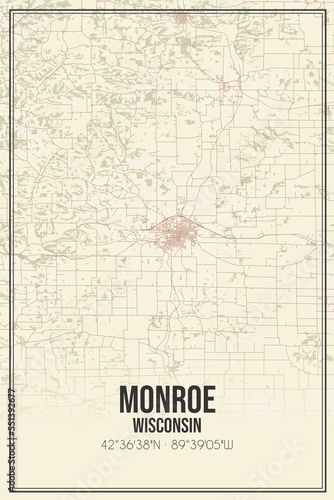 Retro US city map of Monroe  Wisconsin. Vintage street map.