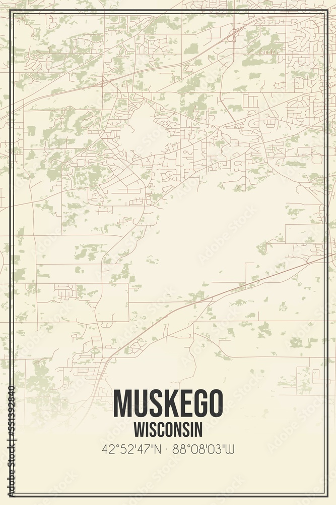 Retro US city map of Muskego, Wisconsin. Vintage street map.