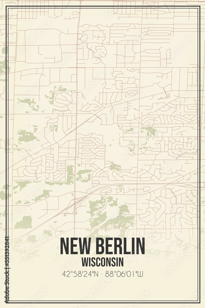 Retro US city map of New Berlin, Wisconsin. Vintage street map.