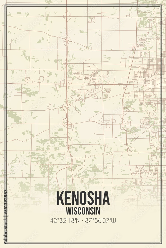 Retro US city map of Kenosha, Wisconsin. Vintage street map.