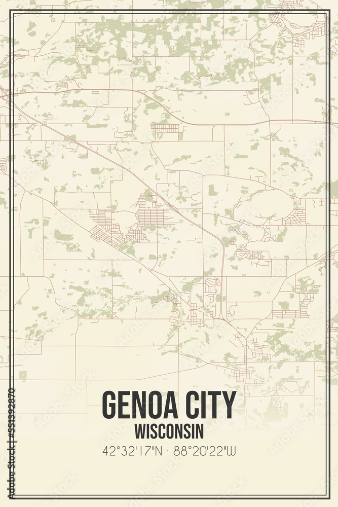 Retro US city map of Genoa City, Wisconsin. Vintage street map.