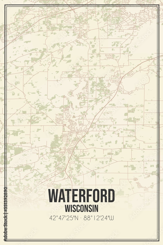 Retro US city map of Waterford, Wisconsin. Vintage street map.