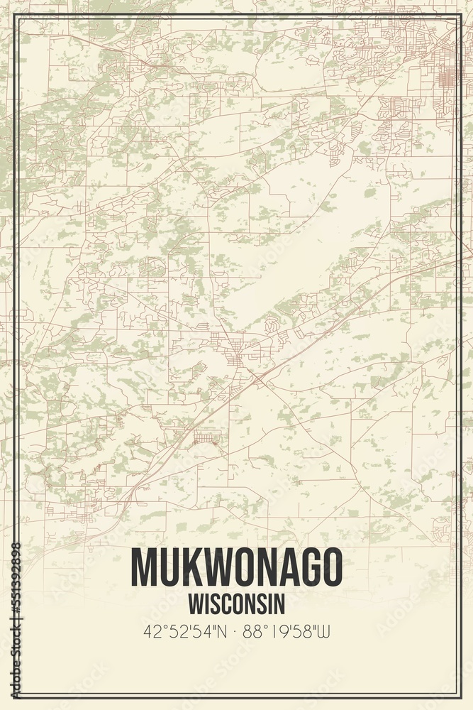 Fototapeta premium Retro US city map of Mukwonago, Wisconsin. Vintage street map.