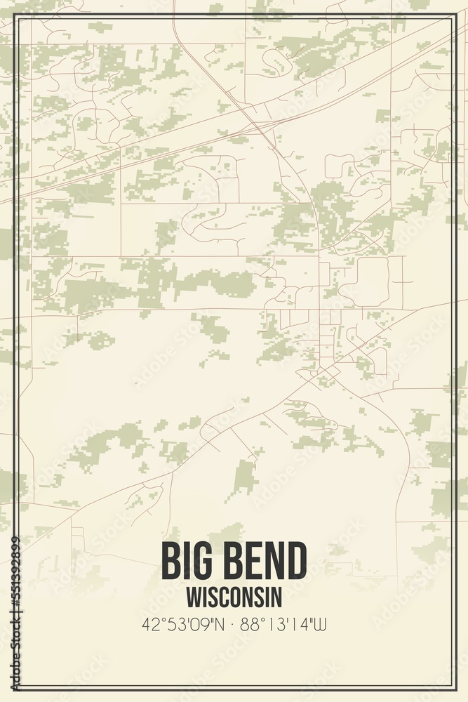 Retro US city map of Big Bend, Wisconsin. Vintage street map.