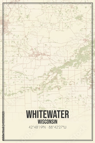 Photography Retro US city map of Whitewater, Wisconsin. Vintage street map.