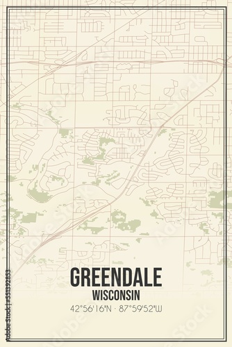 Retro US city map of Greendale, Wisconsin. Vintage street map. photo