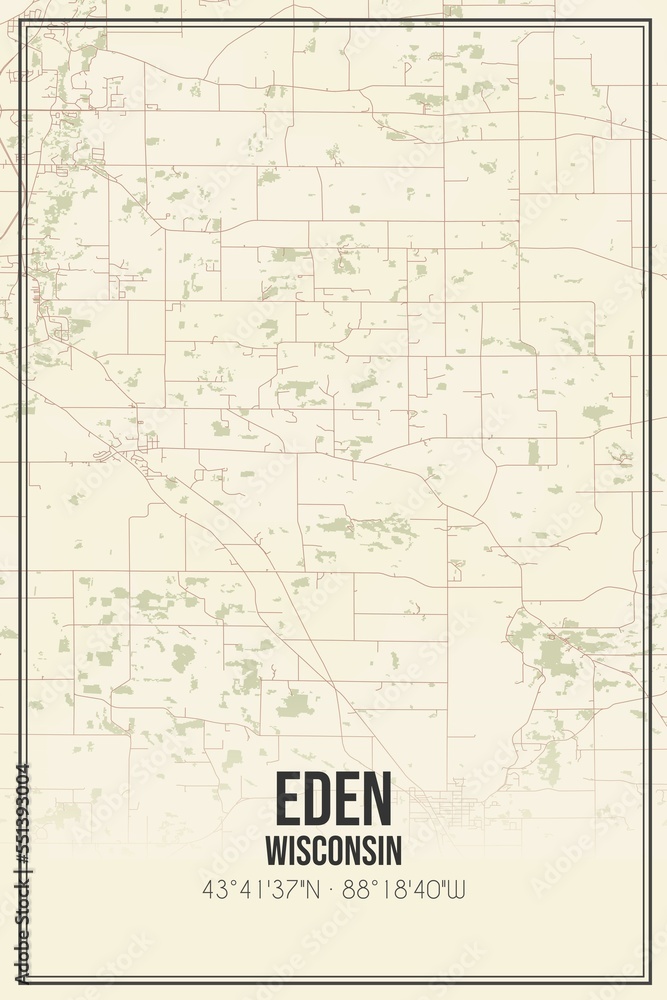 Retro US city map of Eden, Wisconsin. Vintage street map.