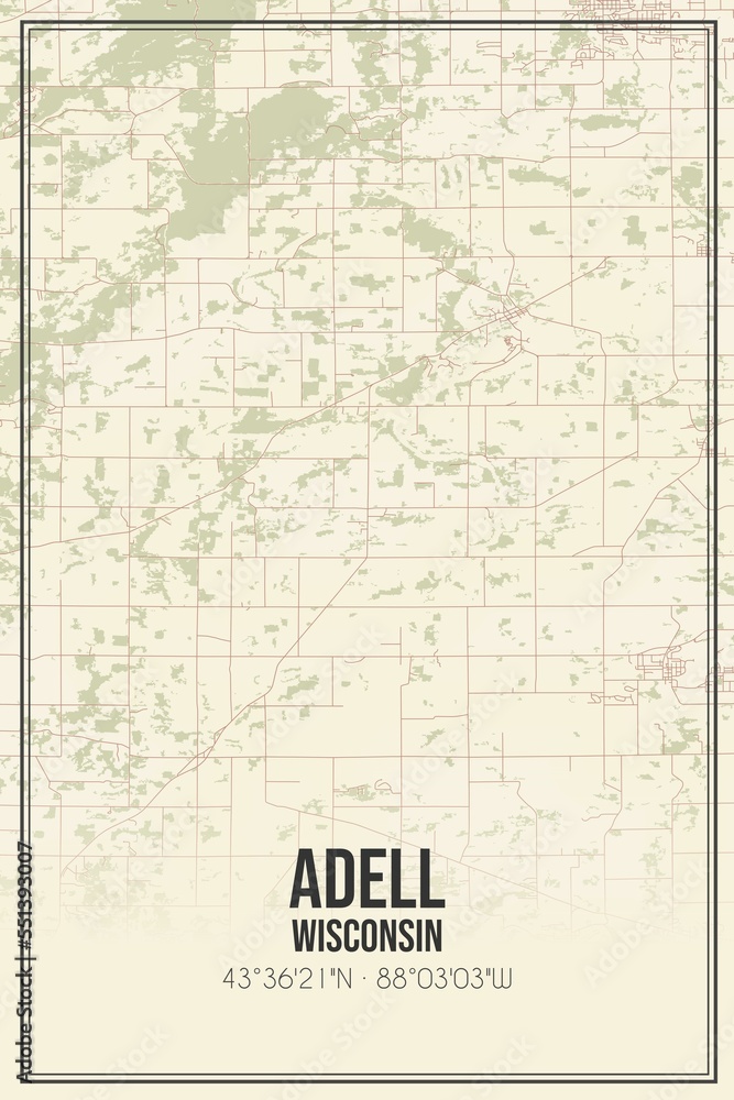 Retro US city map of Adell, Wisconsin. Vintage street map.