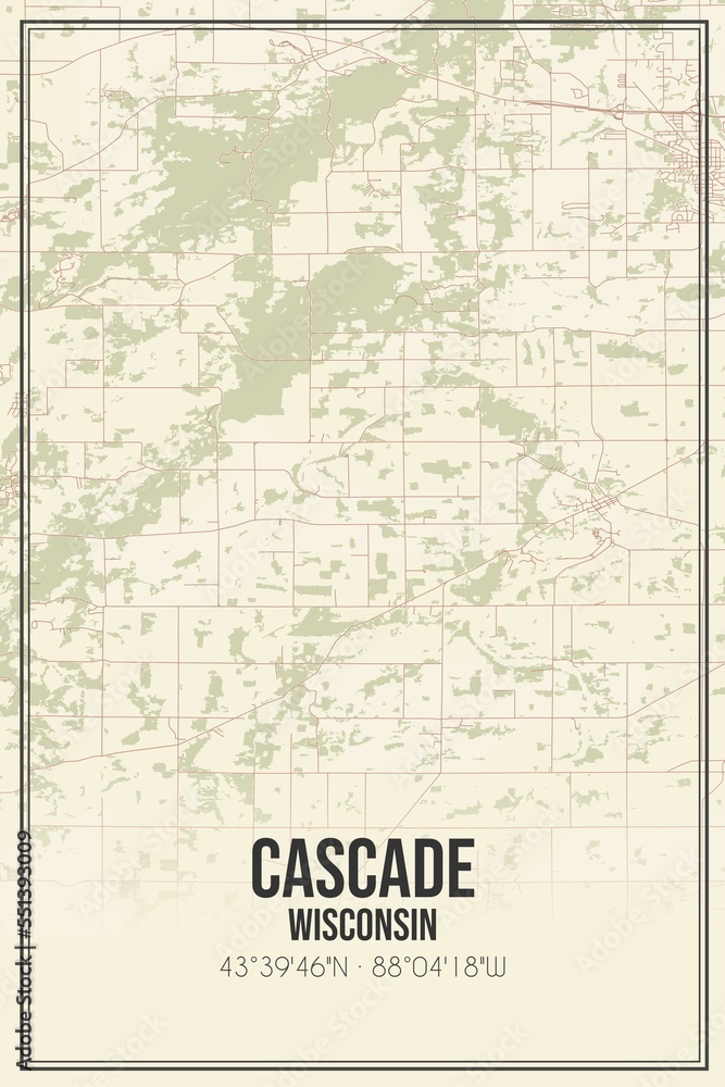 Retro US city map of Cascade, Wisconsin. Vintage street map.