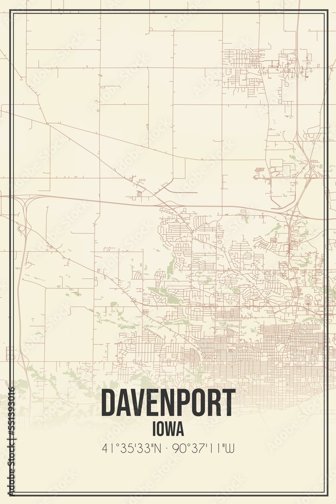 Retro US city map of Davenport, Iowa. Vintage street map.