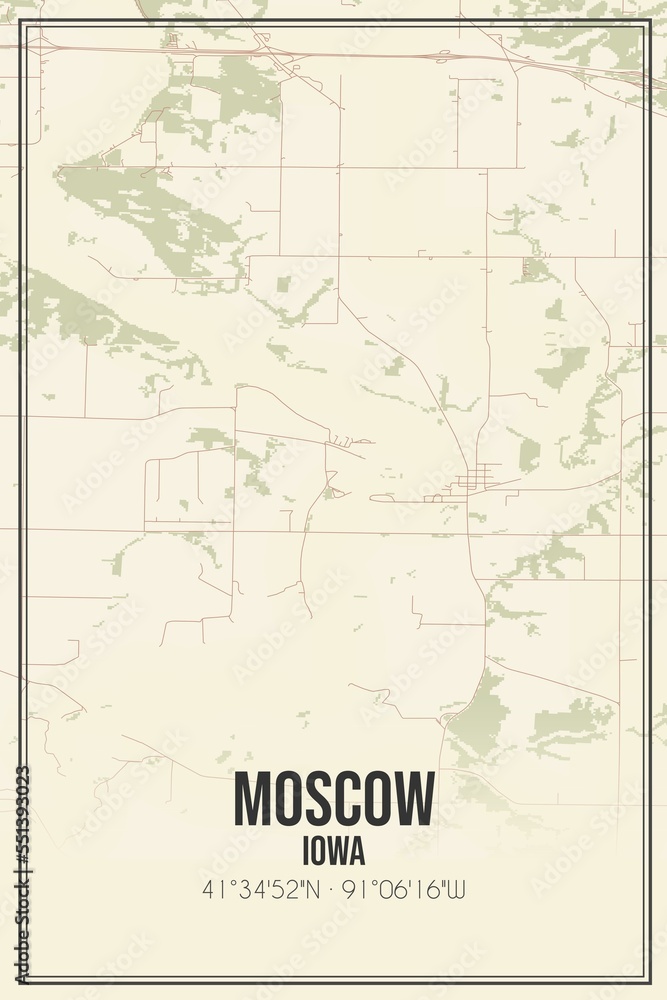Retro US city map of Moscow, Iowa. Vintage street map.