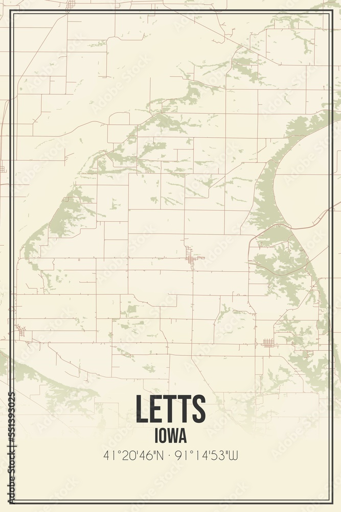 Fototapeta premium Retro US city map of Letts, Iowa. Vintage street map.