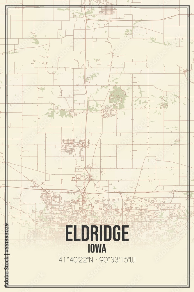 Retro US city map of Eldridge, Iowa. Vintage street map.