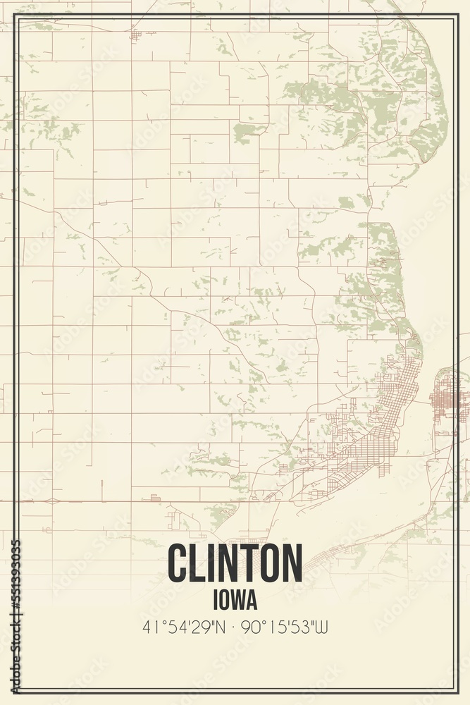 Retro US city map of Clinton, Iowa. Vintage street map.