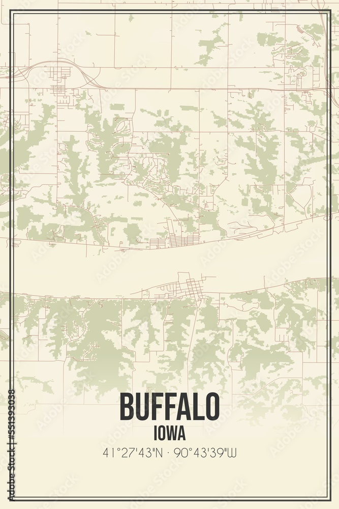 Retro US city map of Buffalo, Iowa. Vintage street map.