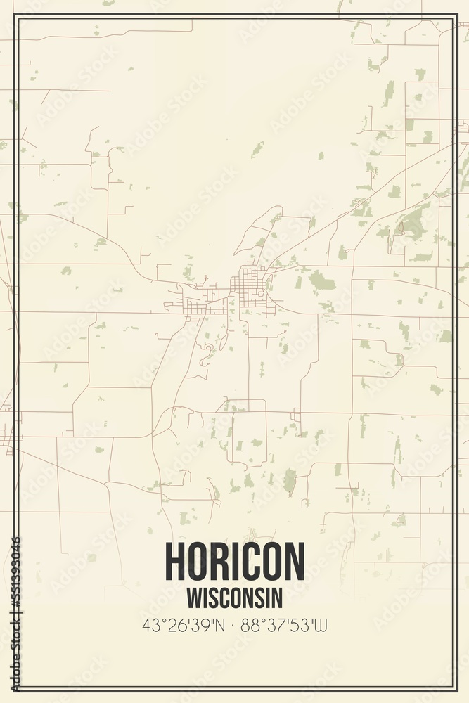 Retro US city map of Horicon, Wisconsin. Vintage street map.