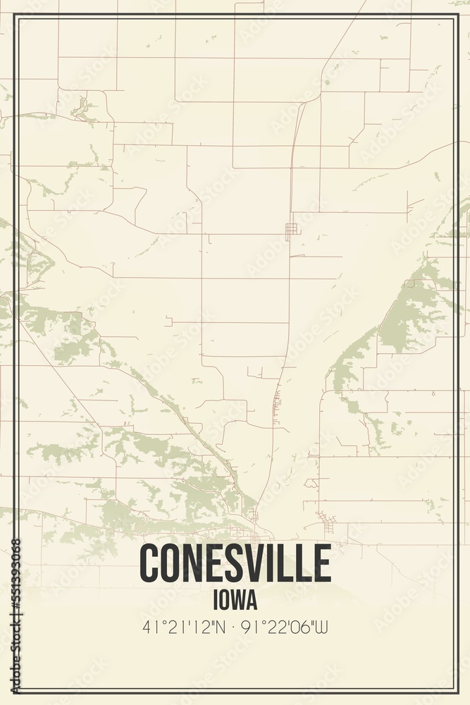 Retro US city map of Conesville, Iowa. Vintage street map.