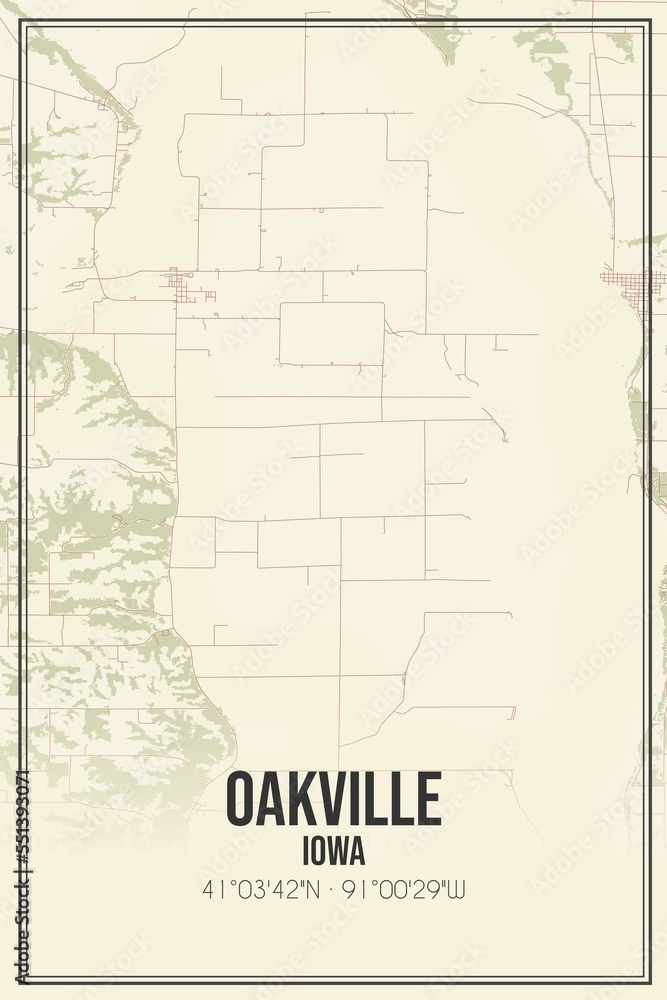 Obraz premium Retro US city map of Oakville, Iowa. Vintage street map.