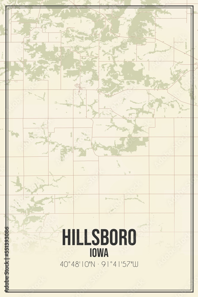 Retro US city map of Hillsboro, Iowa. Vintage street map.