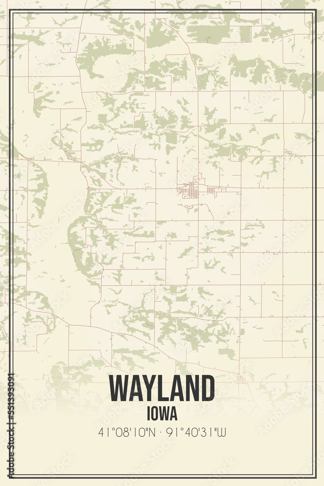 Retro US city map of Wayland, Iowa. Vintage street map.